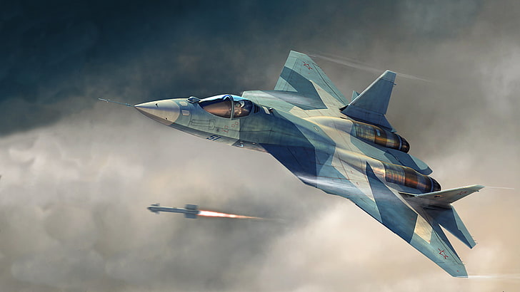 gray and white aircrafts, figure, shot, rocket, start, T-50, PAK FA, HD wallpaper