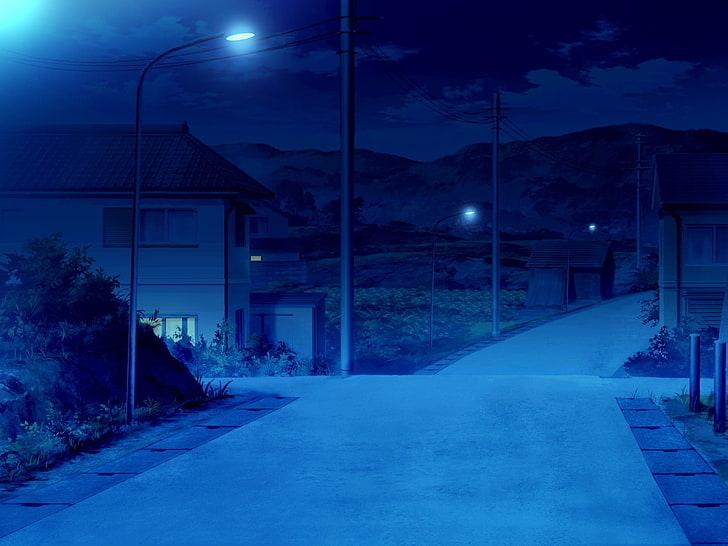 empty street at night, road, house, hills, villages, artwork, HD wallpaper