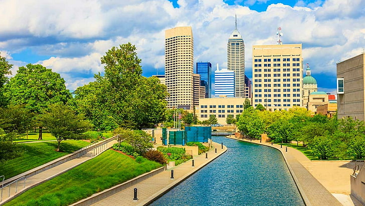 indianapolis, metropolitan area, city, daytime, water, canal, HD wallpaper