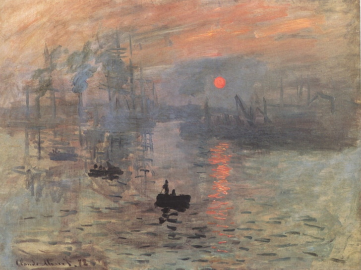 paining of boat during golden hour, artwork, painting, Claude Monet