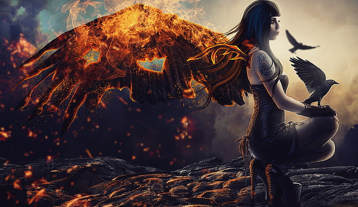 woman with burning wings illustration, artwork, raven, fire, real people, HD wallpaper