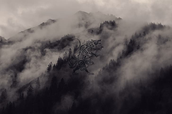 mountains, landscape, mist, forest, wolf, Fenrir, Assassin's Creed Valhalla, HD wallpaper