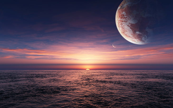 sea, planet, Moon, sunset, fantasy art, sky, digital art, HD wallpaper