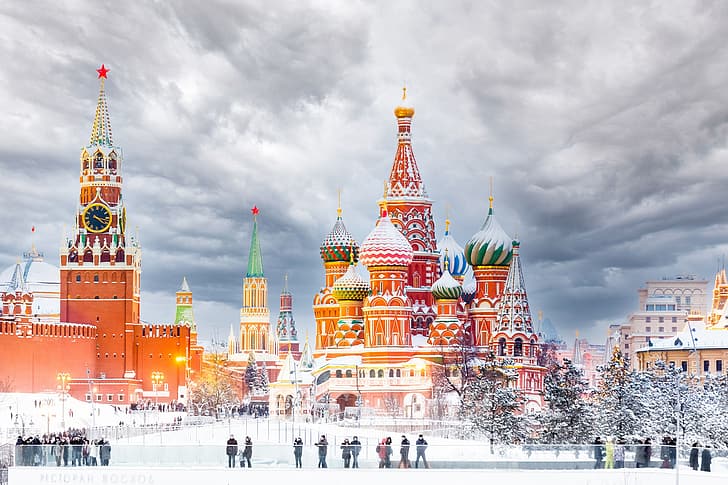 Moscow, Russia, Kremlin, Red Square, cathedral, winter, snow, HD wallpaper