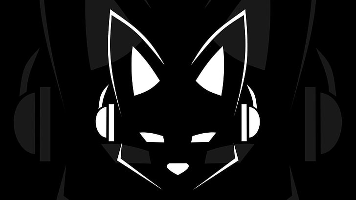 black and white cat with headphones clip art, minimalism, furry