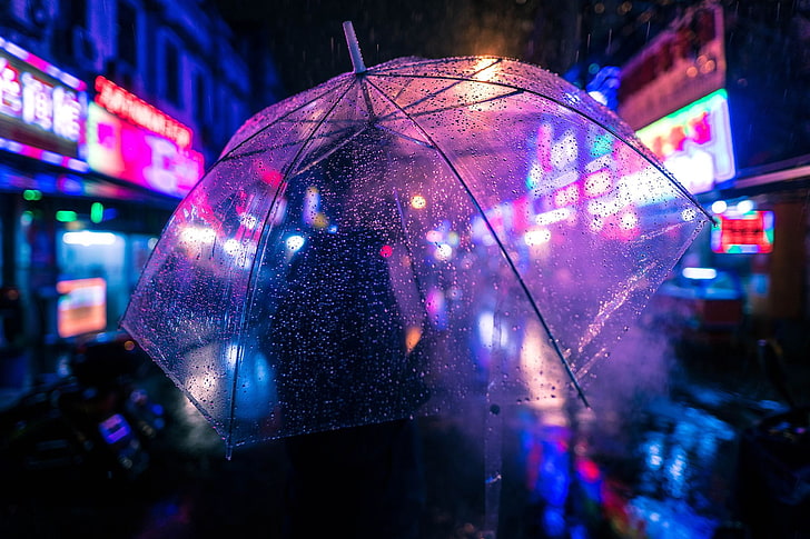 city, people, umbrella, dark, rain, neon lights, night, illuminated