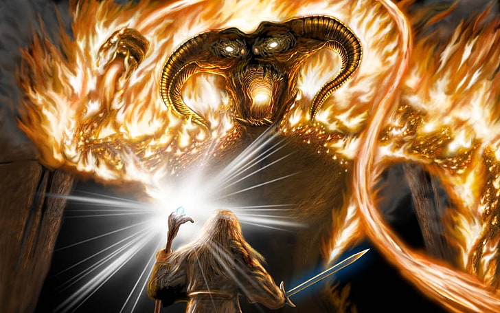sword, art, staff, battle, Balrog, The Lord of the Rings, Moria, HD wallpaper