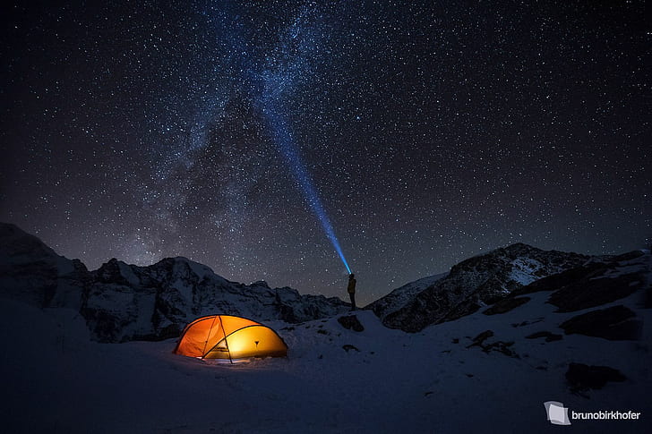 Bruno Birkhofer, men, night, sky, stars, tent, dark, snow, mountains