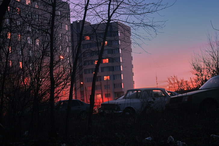 night, city, dark, cigarettes, building, Russia, bare tree