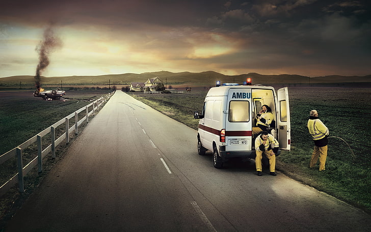 white ambulance, road, crash, medical service, transportation, HD wallpaper