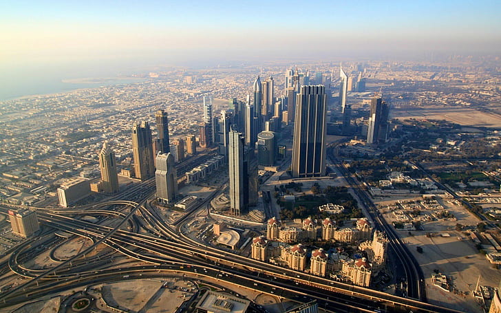 city, urban, cityscape, aerial view, skyscraper, road, Dubai, HD wallpaper