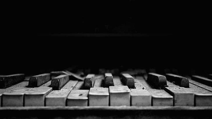piano keys, grayscale photography of piano, monochrome, dust