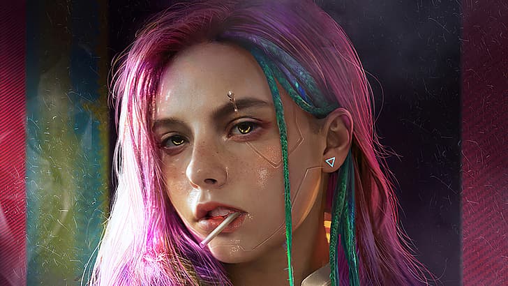 artwork, cyberpunk, Cyberpunk 2077, pink hair, dyed hair, science fiction
