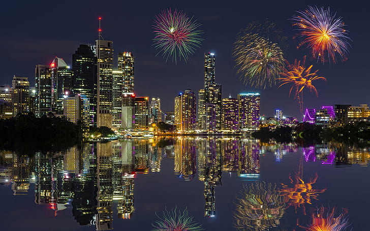 Buildings Skyscrapers Night Lights Reflection Fireworks HD, fireworks display in cityscape, HD wallpaper