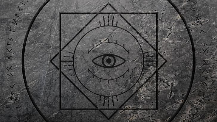 Illuminati, runes, viking, circle, square, eyeball, line art