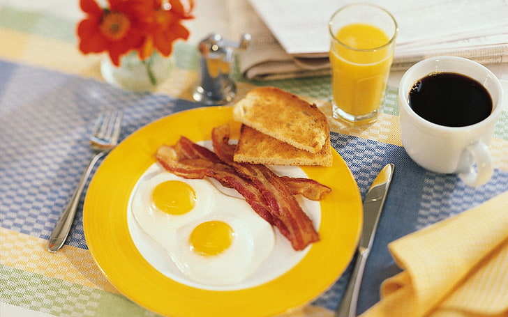 white and yellow ceramic plate, eggs, coffee, juice, bacon, fried eggs, HD wallpaper