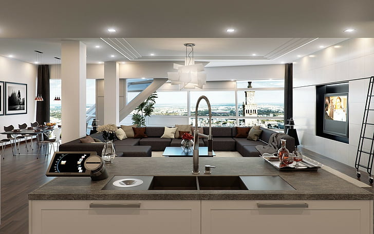 white and brown sink, interior design, indoors, furniture, modern, HD wallpaper