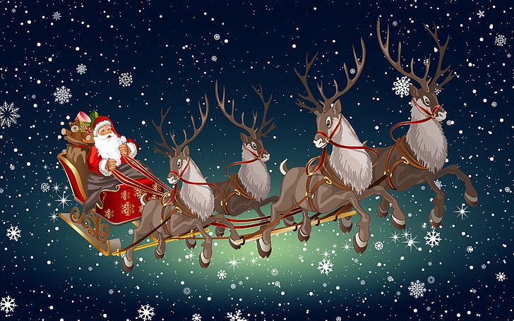 Santa Claus and reindeers illustration, Winter, Minimalism, Snow