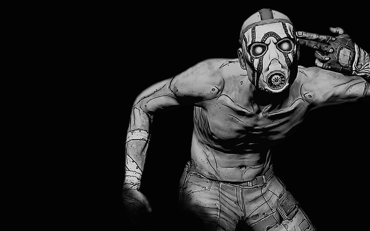 man illustration with gas mask, Borderlands, Borderlands 2, monochrome