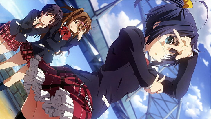 three female anime characters wearing school uniform digital wallpaper