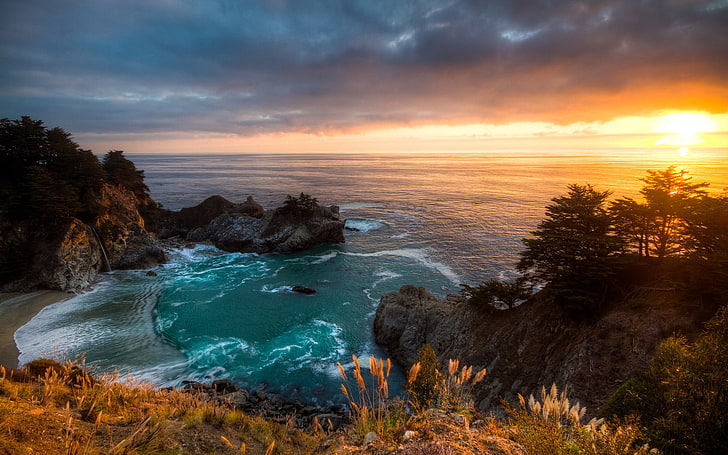 body of water, landscape, Sunset, California, McWay Falls