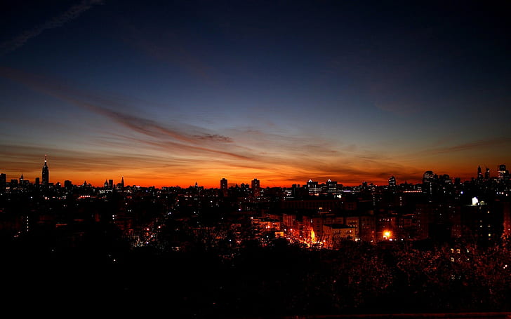 sunset, cityscape, sky, sunlight, dark, HD wallpaper