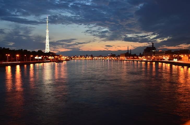 St. Petersburg, Neva, embankment, Night, lights, HD wallpaper