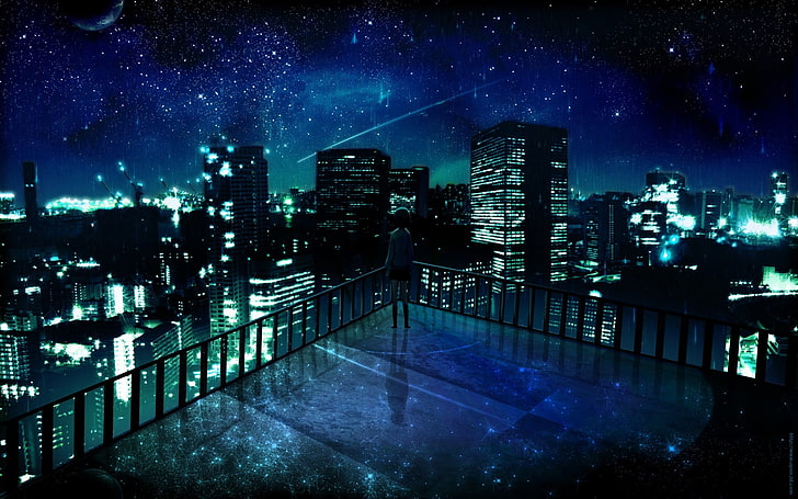 woman standing on building digital wallpaper, man looking at the buildings during nighttime