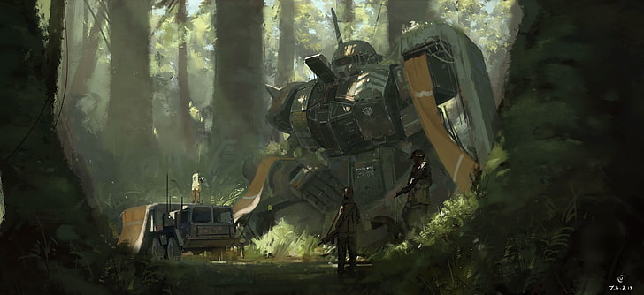 Zaku II illustration, artwork, science fiction, Gundam, military, HD wallpaper