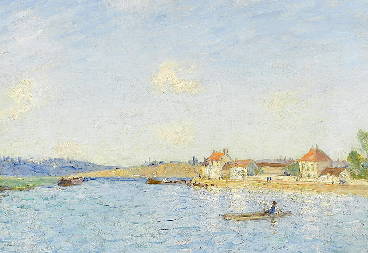 landscape, river, boat, home, picture, Alfred Sisley, Saint-Mames
