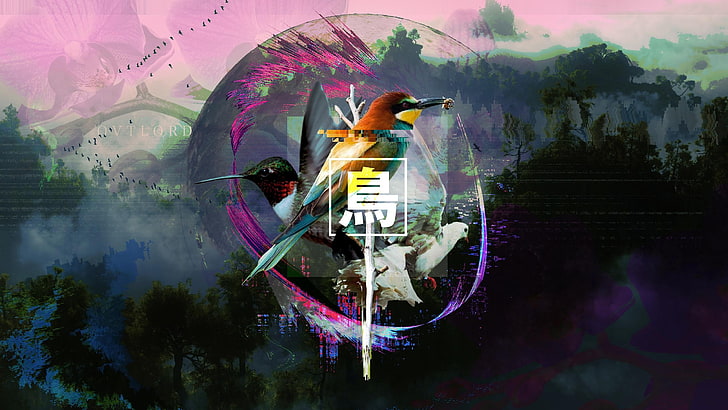 multicolored hummingbird illustration, vaporwave, birds, forest