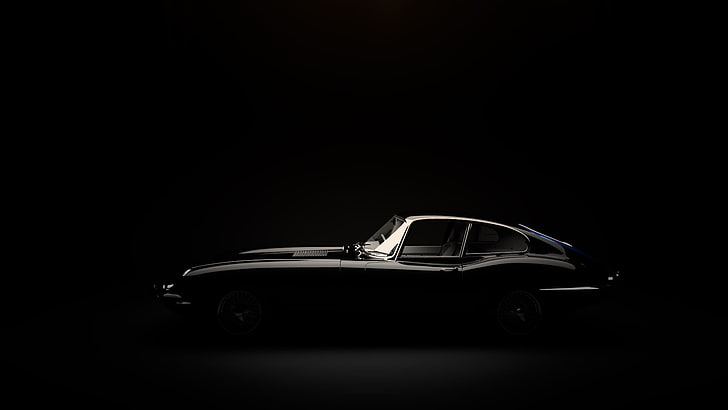 black coupe, jaguar, automonile, type-e, car, motor vehicle, mode of transportation