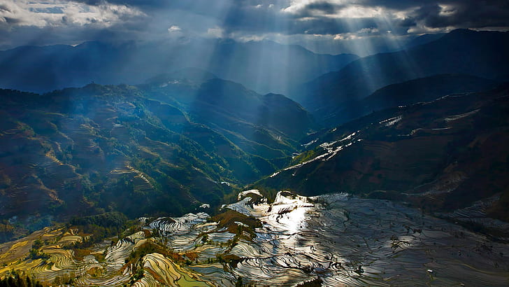 Yuanyang terraces, mountains, sun rays, rice fields, China countryside, green mountains