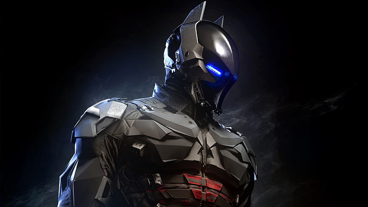 armored Batman wallpaper, person in black metal suit with LED helmet