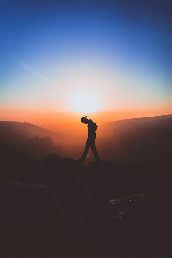 silhouette of man, mountains, sunset, solitude, freedom, hiking