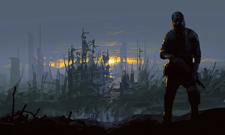 environment, apocalyptic, weapon, gas masks, sunset, ruins