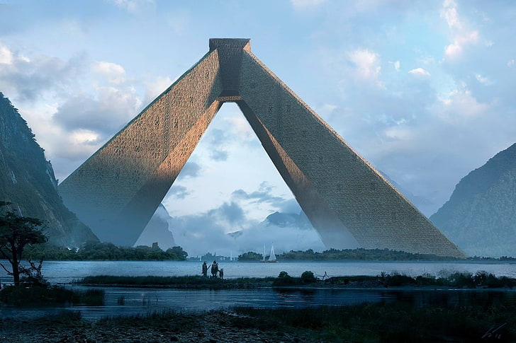 brown concrete pyramid, fantasy art, espen olsen, artwork, science fiction, HD wallpaper