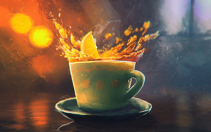 splashes, lemons, Sylar, artwork, cup, tea