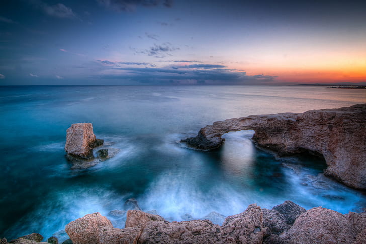 brown rocky mountain by the sea at sunset, protaras, ayia napa, cyprus, protaras, ayia napa, cyprus, HD wallpaper