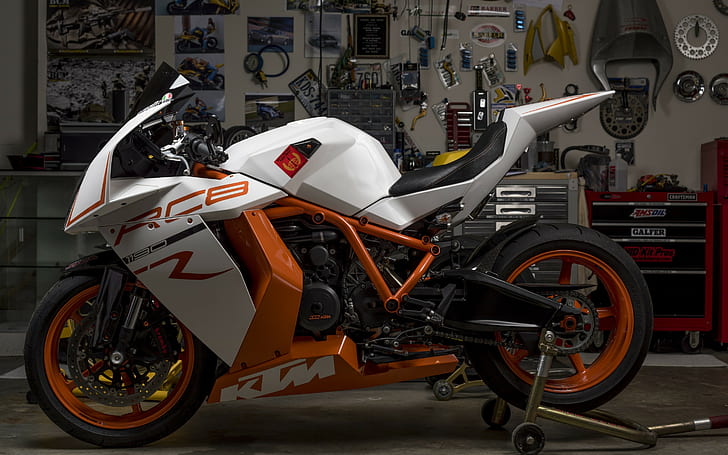 KTM RC8R, white orange and black rc8 ktm, sportbike, garage, motorcycle design, HD wallpaper