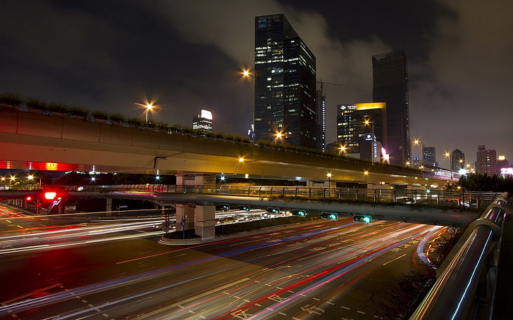city, long exposure, traffic lights, bridge, Shanghai, illuminated, HD wallpaper