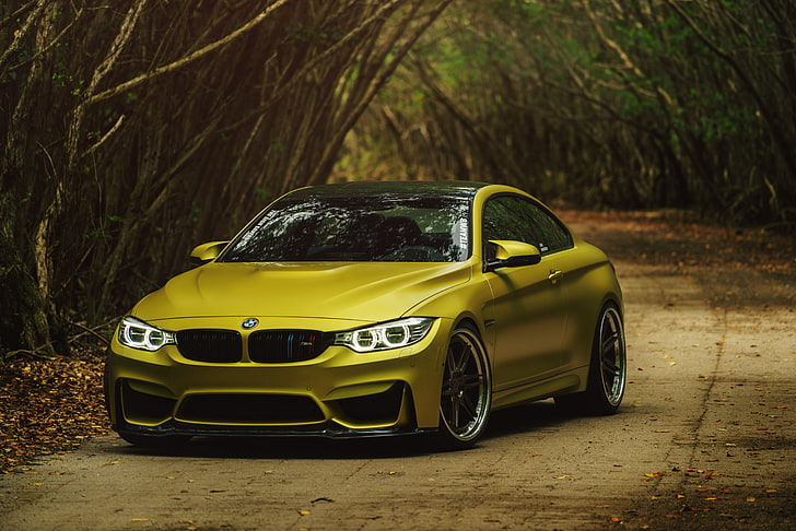 brown BMW coupe, BMW M4, Austin Yellow, BMW M4 Coupe Austin Yellow, HD wallpaper