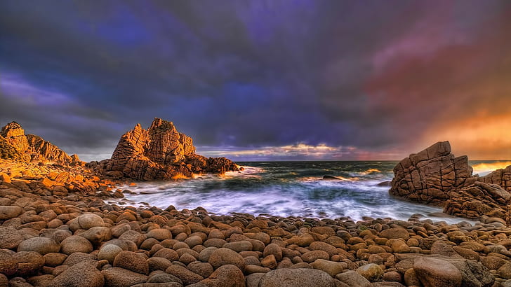 coast, stones, sea, clouds, HD wallpaper