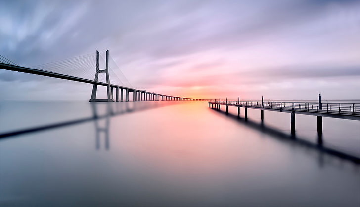 gray bridge, silhouette of bridge over calm body of water, landscape, HD wallpaper