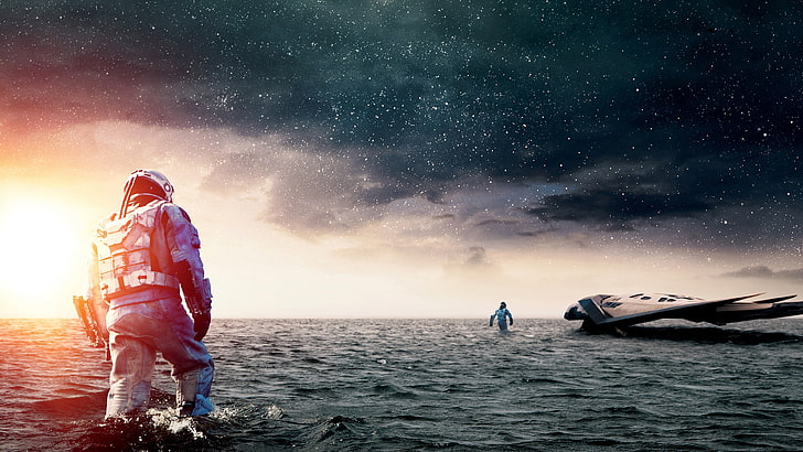 two men walking on shallow water towards ship digital wallpae, person walking on sea illustration HD wallpaper