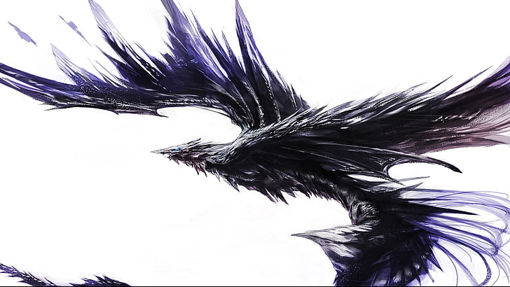black bird illustration, fantasy art, dragon, plant, growth, close-up, HD wallpaper