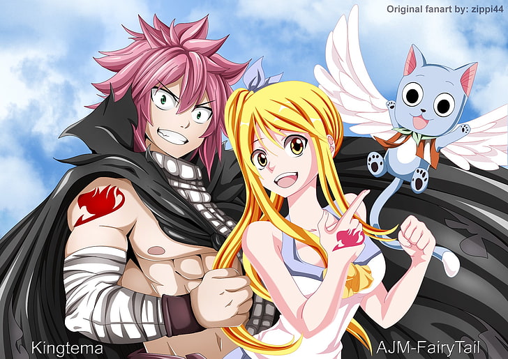 Natsu, Lucy, and Happy illustration, anime, art, Fairy Tail, vector