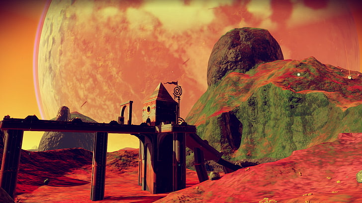 No Man's Sky, video games, low quality terrain, nature, sunset