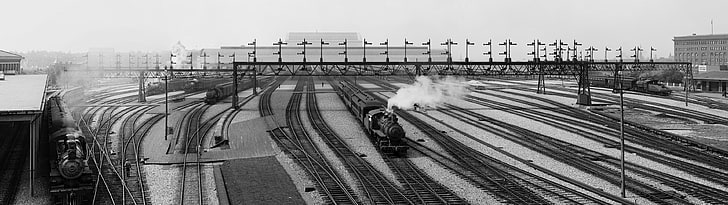 grayscale photo of train, monochrome, steam locomotive, rail yard