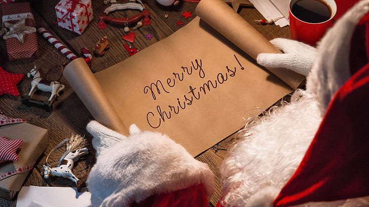 merry christmas, santa claus, xmas, handwriting, wood plank, HD wallpaper